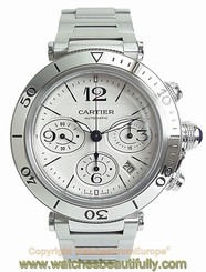 CARTIER PASHA SEATIMER Chronograph Steel Watch W31089M7 Box/Papers Retail $10900 7612456340758