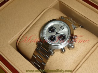 Cartier Pasha 35mm Chronograph Stainless Steel Silver Dial Black SubDia W31048M7