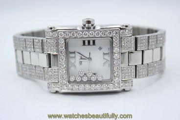 CHOPARD HAPPY SPORT SQUARE STAINLESS STEEL DIAMOND ENCRUSTED WATCH 278496-3002