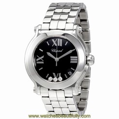 Chopard Happy Sport Black Dial with Three Floating Diamonds Ladies Watch