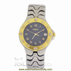 EBEL SPORTWAVE 18 KARAT GOLD & SS BLACK DIAL MEN'S WATCH