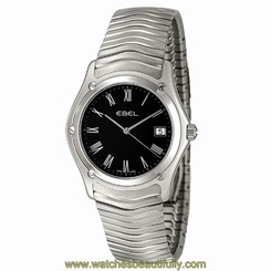 EBEL CLASSIC WAVE 1215274 MENS BLACK DIAL STAINLESS STEEL WATCH $2600.00 RETAIL