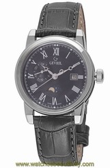 Gevril Men's Cortland Watch 2530 Black Dial Black Leather Moon Phase 24 Hour