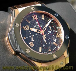 HUBLOT BIG BANG ROSE GOLD CERAMIC BEZEL BLACK CARBON DIAL RUBBER STRAP 44MM NEW