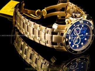 New Invicta Pro Diver Scuba 18K Gold Plated Blue Dial Chrono S.S Bracelet Watch