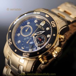 18k Gold IP Invicta Pro Diver Scuba Quartz Chronograph Black Dial Mens Watch New