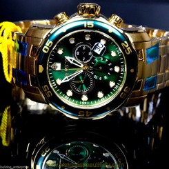 Mens Invicta Pro Diver Scuba Gold Plated Green Chronograph Swiss Parts Watch New