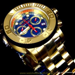 Invicta Sea Hunter Sport 50mm Gold Plated Swiss Made Blue Chronograph Watch New