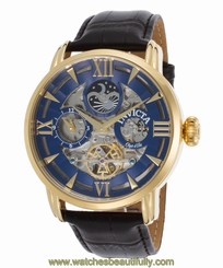 Invicta 22651 Men's Objet d'Art Auto Dual Time Black Calf-skin Blue Dial