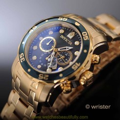 Mens Invicta Pro Diver Scuba Gold IP SS Black Dial Green Bezel Chrono 48mm Watch