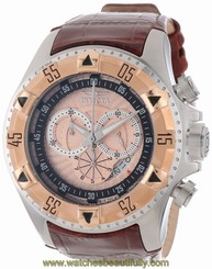 New Mens Invicta 12694 Excursion Swiss Chronograph Rose Dial Brown Leather Watch