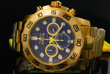 NEW Invicta Pro Diver 50MM Chrono 18K Gold Plated Blue Dial S.S Bracelet Watch