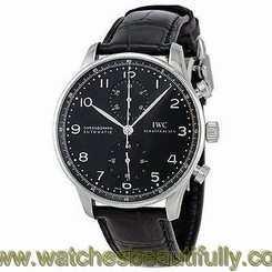 New IWC Portugieser Automatic Chronograph Black Dial Leather Mens Watch IW371447 7640127776940
