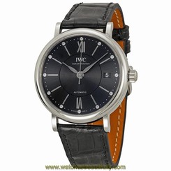 IWC UNISEX PORTOFINO DIAMOND 37MM BLACK LEATHER BAND AUTOMATIC WATCH IW458102