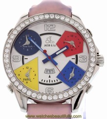 Men's Jacob & Co. Five Time Zones with Diamond Bezel & Pink Strap