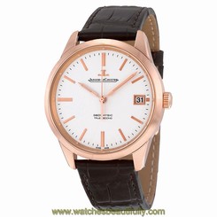 Jaeger LeCoultre Geophysic Date Automatic Silver Dial Brown Leather Mens Watch