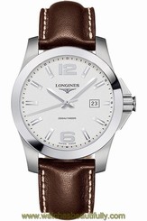 Quartz Longines Conquest Men's Watch, Brown Strap, Silver Dial L3.659.4.76.5