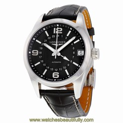 Longines Conquest Classic Automatic Black Dial Black Alligator Mens Watch
