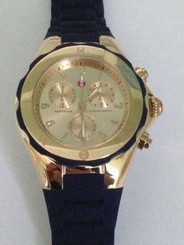 MICHELE TAHITIAN NAVY SILICONE YELLOW GOLD TONE CHRONO DATE WATCH MWW12F000040