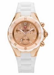 Michele MWW12F000030 Women's Chrono Rose Gold Tone Dial White Silicon Watch NEW