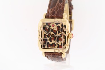 Ladies Michele DECO SAFARI CHEETAH .59ctw Diamond Gold Plated Leather Watch