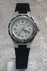 NEW MICHELE MWW12P000011 SILVER TAHITIAN JELLY BEAN BLACK RUBBER WOMENS WATCH