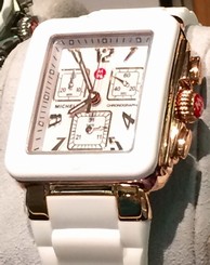 MICHELE Park Jelly Bean White & Rose Gold Chronograph Watch MWW06L000014 $395