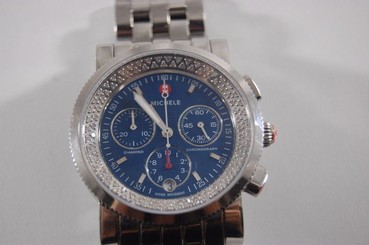 Michele Sport Sail Diamond Navy Blue Chronograph Stainless Steel Watch Silver