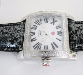 NEW-MICHELE 112 DIAMONDS SILVER,BLACK LEATHER BAND ROMAN NUMERIC MOP DIAL WATCH