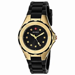 NEW MICHELE MWW12P000012 GOLD TAHITIAN JELLY BEAN BLACK RUBBER WOMENS WATCH
