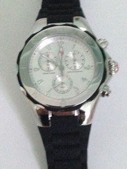 MICHELE TAHITIAN BLACK SILICONE SILVER TONE TONE CHRONO DATE WATCH MWW12F000033