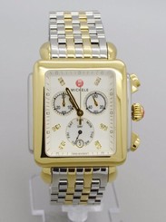 NEW MICHELE DECO XL DAY,2 TONE SILVER+GOLD, DIAMOND,WHITE MOP WATCH MWW06Z000014