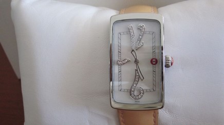 Ladies Michele Stainless Steel Rectangular Watch On A Peach Patent Leather Strap