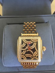 NWT AUTHENTIC MICHELE Art Deco Black Diamond/GOLD BRACELET Watch MW06T01B0993