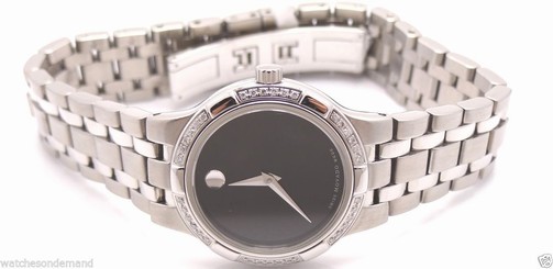 NEW LADIES MOVADO METIO SS BLK DIAL 0605985 AUTHE FACTORY DIAMOND BEZEL WATCH **
