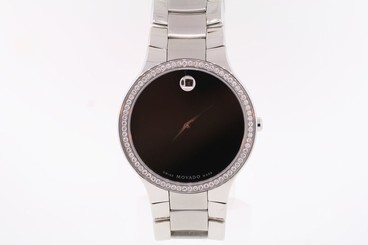Men's Movado 0606384 Serio Stainless Steel Diamond Bezel Black Dial Watch