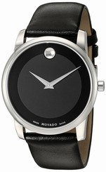 New Movado Mens 0606502 Museum Classic Stainless Steel Watch Black Leather Band