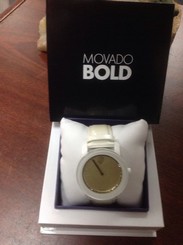 New Movado Bold Gold Dial White Composite Leather Quartz Watch Mb.013296108