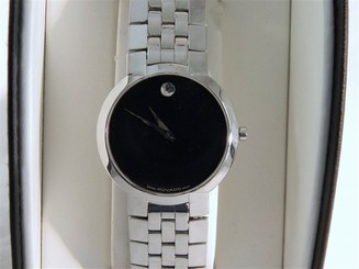 Men's MOVADO FACETO Black Museum Dial Stainless Steel Swiss Quartz Watch 8"