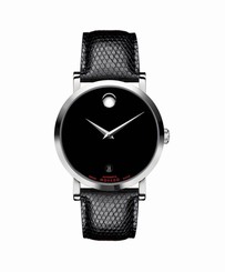 Movado Red Label 0606114 Automatic Black Dial Black Leather Band Mens Watch