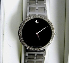 Men's Diamond MOVADO MODO Black Museum Dial Stainless St Swiss Quartz Watch