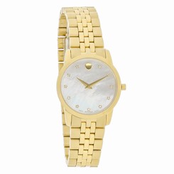 Movado Museum Ladies Gold Tone MOP Diamond Swiss Quartz Watch 0606998