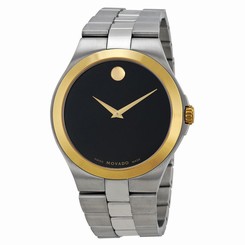 BRAND NEW MOVADO 0606557 TWO TONE GOLD BEZEL BLACK DIAL SILVER BAND MEN'S WATCH