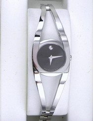 Ladies MOVADO CIA Black Museum Dial Stainless Steel Swiss Quartz Watch 7" In Box