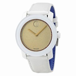 BRAND NEW MOVADO BOLD 360220 WHITE LEATHER STRAP GOLD MUSEUM DIAL WOMEN'S WATCH