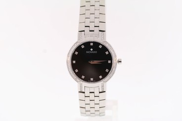 Ladies Movado 0605586 FACETO Stainless Steel Diamond Accented Black Dial Watch