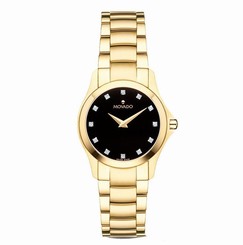 Movado Masino 0607028 Black Dial Yellow Gold Plated Stainless Steel Women's Watc