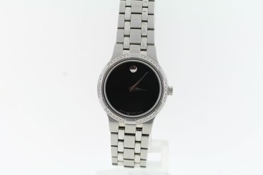 Ladies Movado 0605985 Metio Diamond Accent Black Dial Stainless Steel Watch