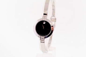 Ladies Movado 0606628 BELA Stainless Steel Diamond Accented Black Dial Watch