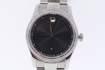 Ladies Movado 0606498 Sportivo Stainless Steel Diamond Bezel Black Dial Watch